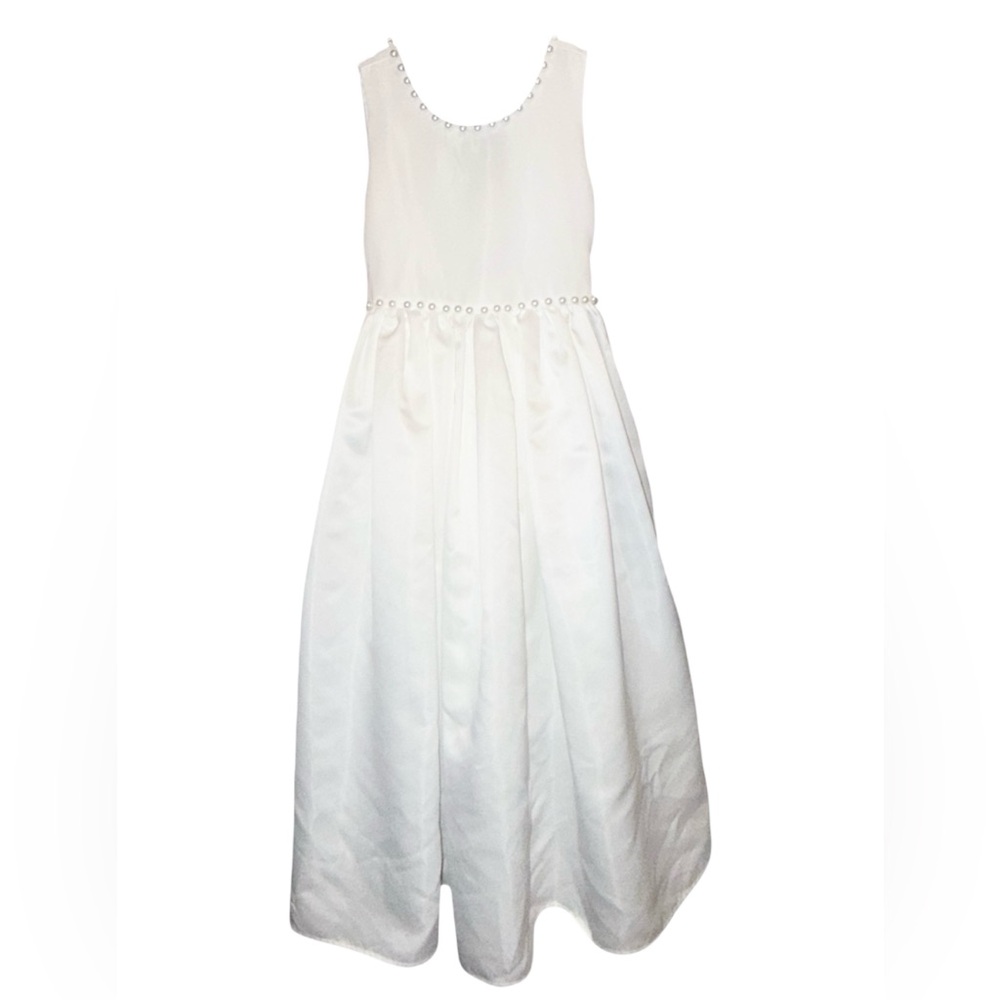 Girls white satin A-line sleeveless formal dress with pearl accents
